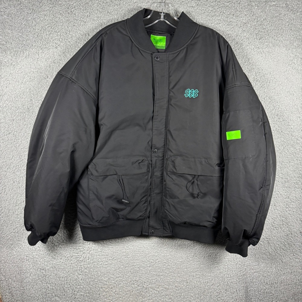 Cash by Cash App Black Oversized Bomber Jacket Graphic Back Neon Green Mens L